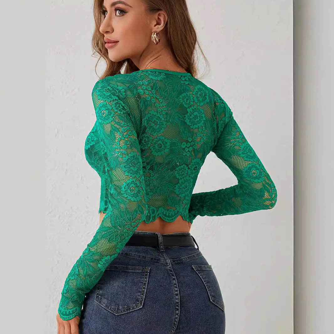 Tara | Damski krótki top koronkowy z długim rękawem, modny elegancki - Image 2
