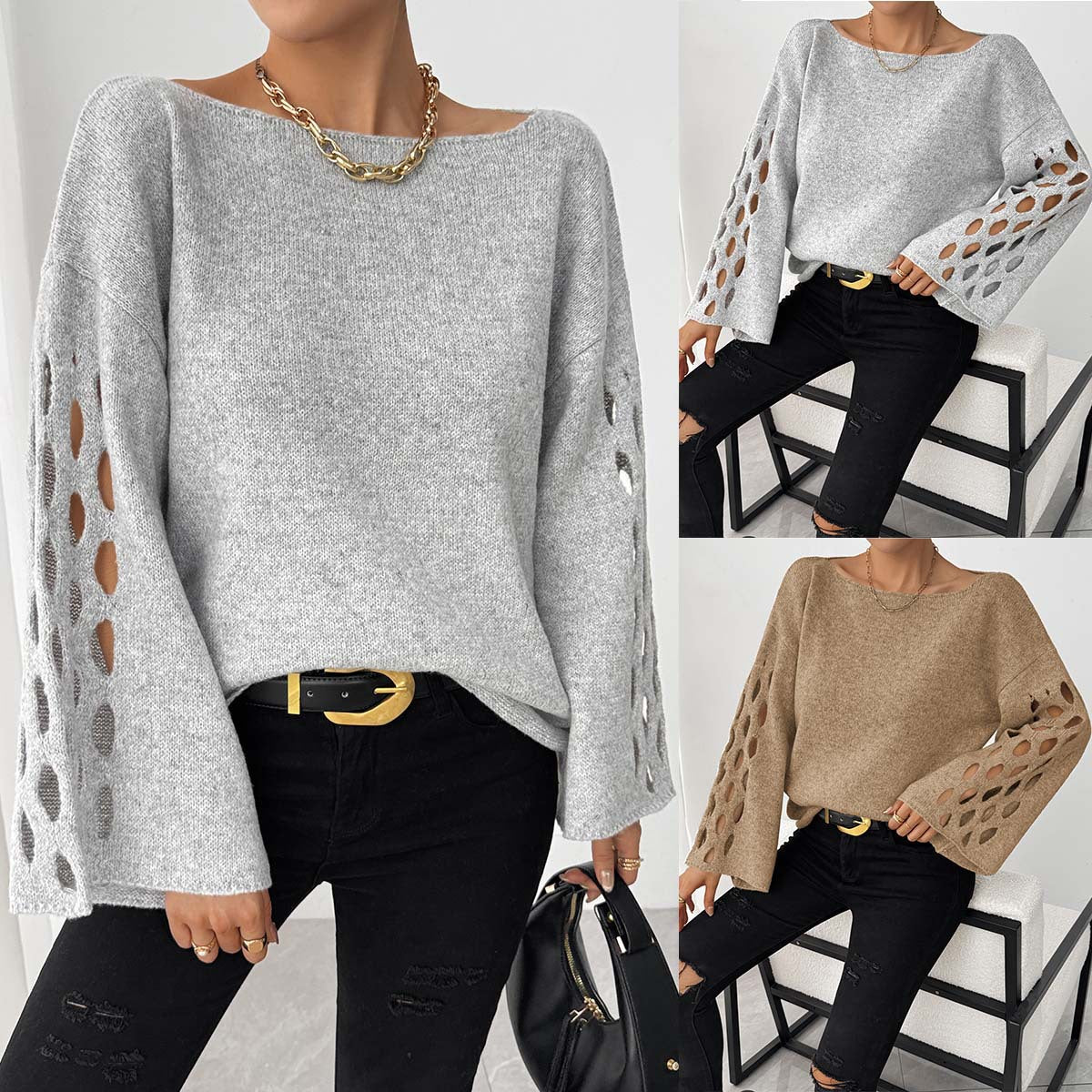 Tyra – modny, elegancki damski sweter z dekoltem w kształcie litery V i ażurowymi rękawami - Image 2