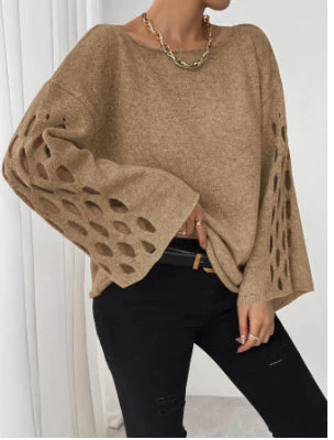 Tyra – modny, elegancki damski sweter z dekoltem w kształcie litery V i ażurowymi rękawami - Image 4