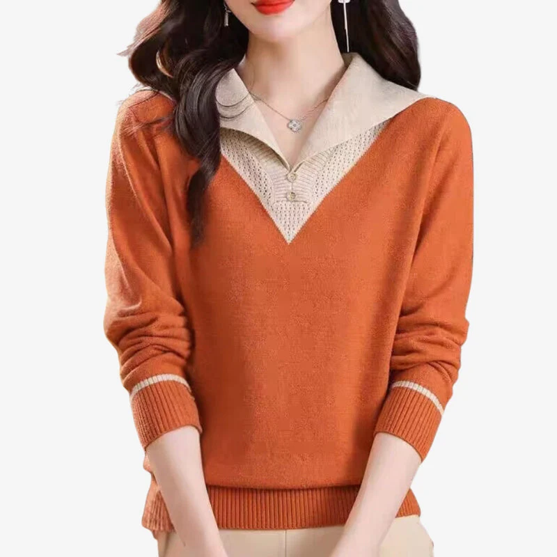 Wiktoria | Sweter damski patchwork z długim rękawem i dekoltem w serek, dzianinowy - Image 5