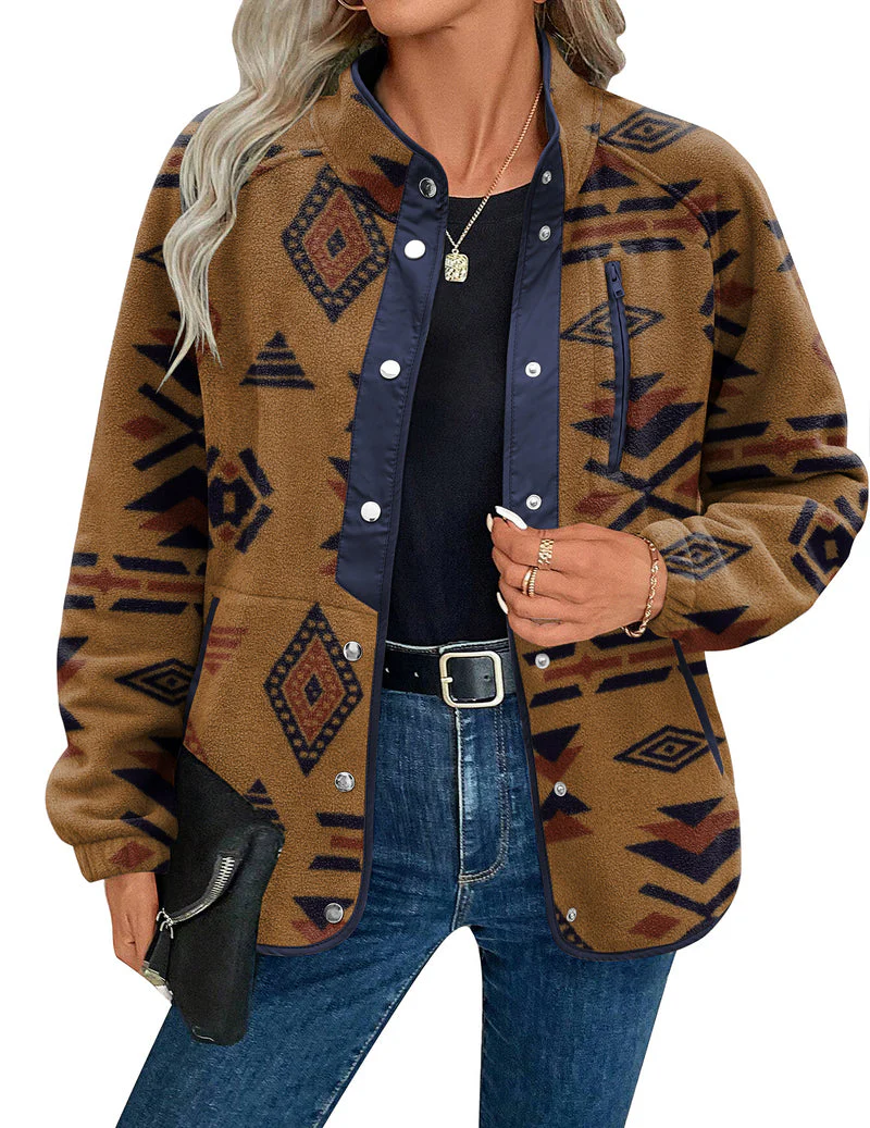 Zara | Damska przytulna kurtka polarowa z westernowym wzorem azteckim, ciepły i casualowy fason - Image 36