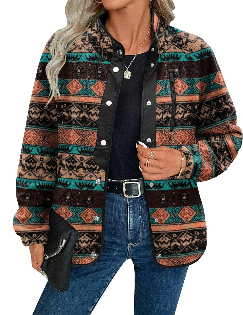 Zara | Damska przytulna kurtka polarowa z westernowym wzorem azteckim, ciepły i casualowy fason - Image 48