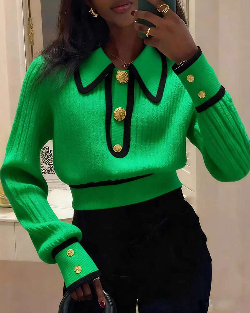 Zelda | Casualowy damski krótki sweter polo w stylu colorblock, nowoczesny i swobodny fason - Image 2