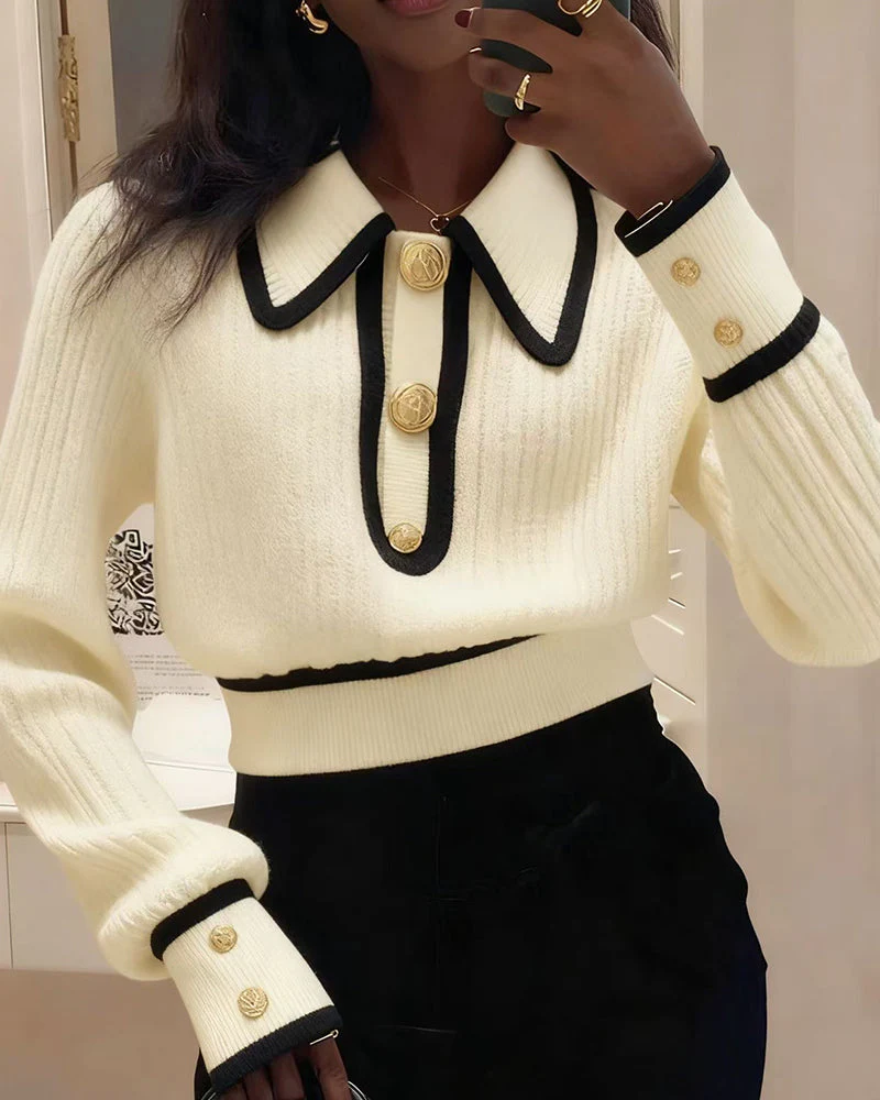 Zelda | Casualowy damski krótki sweter polo w stylu colorblock, nowoczesny i swobodny fason - Image 3